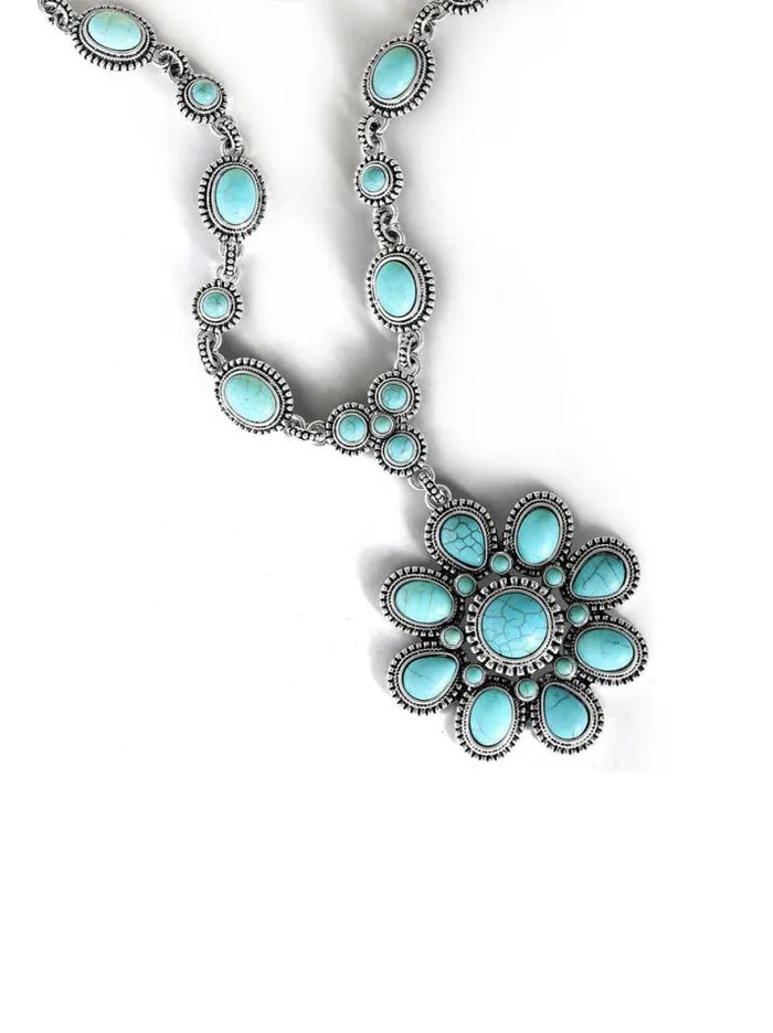 Turquoise Collection Accessories Jessica Simpson Large Turquoise Stone Flower Necklace In Silver