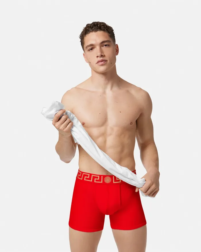 Versace Boxers Men Greca Border Long Trunks Red