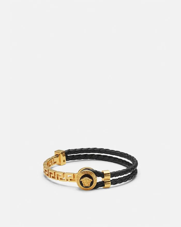Versace Bracelets WomenMen Greca Braided Leather Bracelet Blackgold