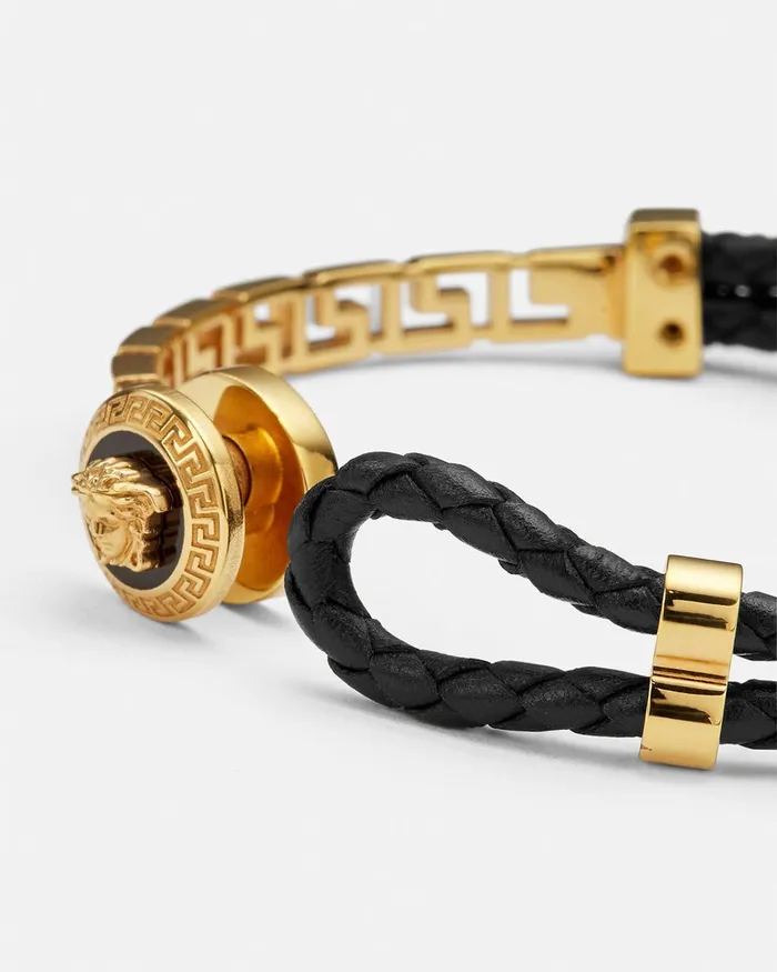Versace Bracelets WomenMen Greca Braided Leather Bracelet Blackgold