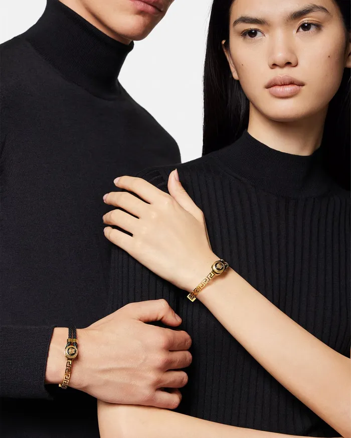Versace Bracelets WomenMen Greca Braided Leather Bracelet Blackgold