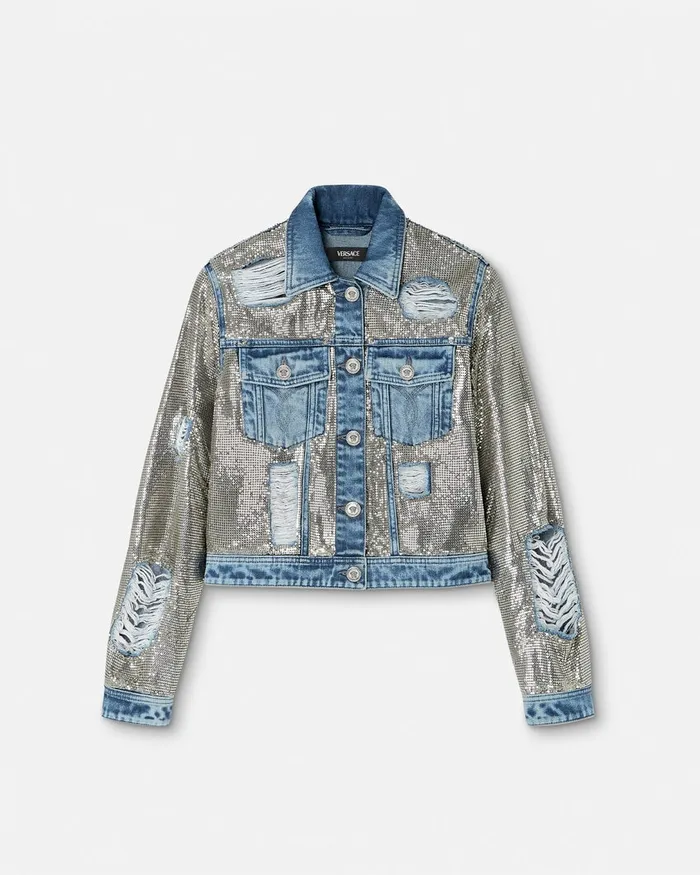 Versace Denim Women Metal Mesh Denim Jacket Silver