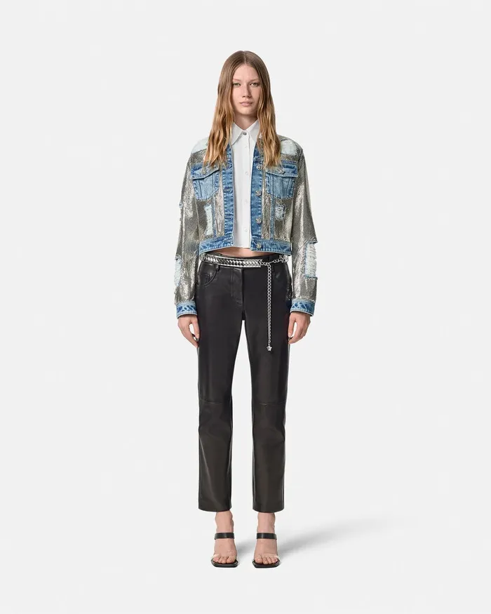 Versace Denim Women Metal Mesh Denim Jacket Silver