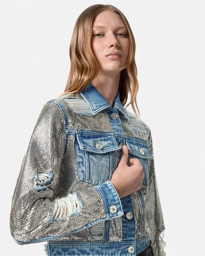 Versace Denim Women Metal Mesh Denim Jacket Silver