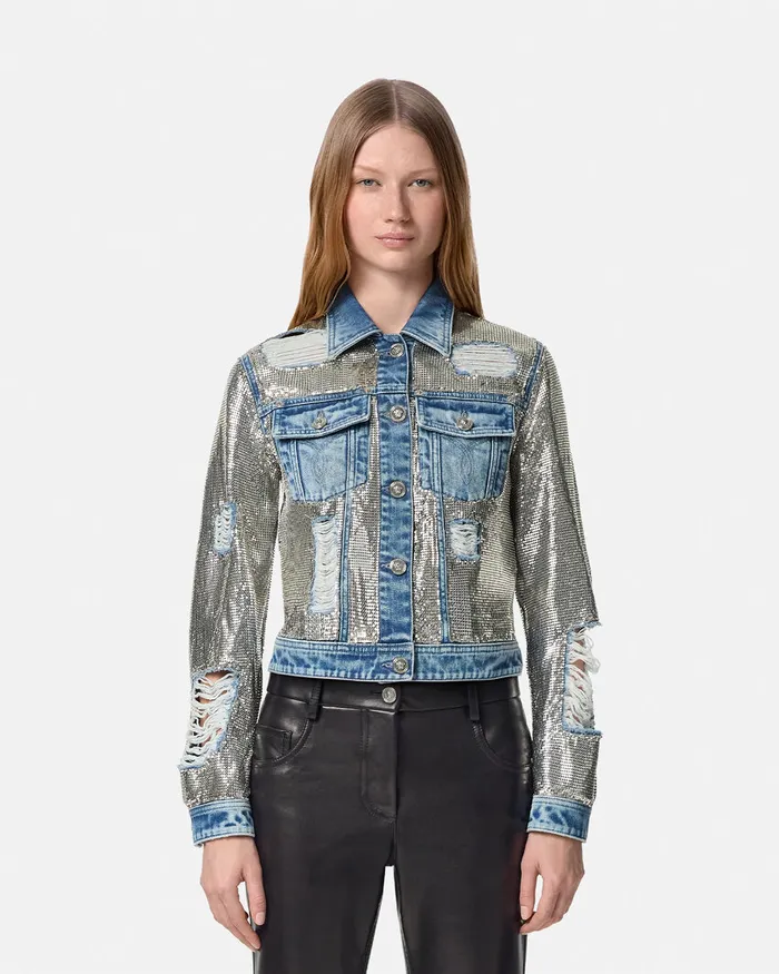 Versace Denim Women Metal Mesh Denim Jacket Silver