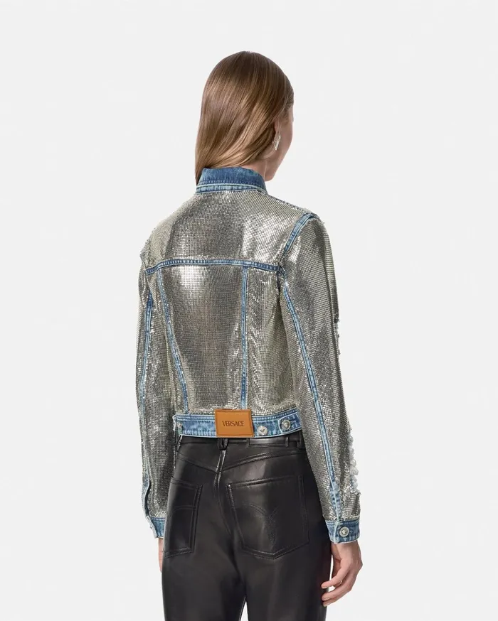 Versace Denim Women Metal Mesh Denim Jacket Silver