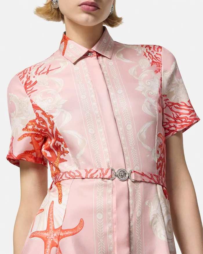 Versace Dresses Women Barocco Sea Silk Shirt Dress Pinkprint