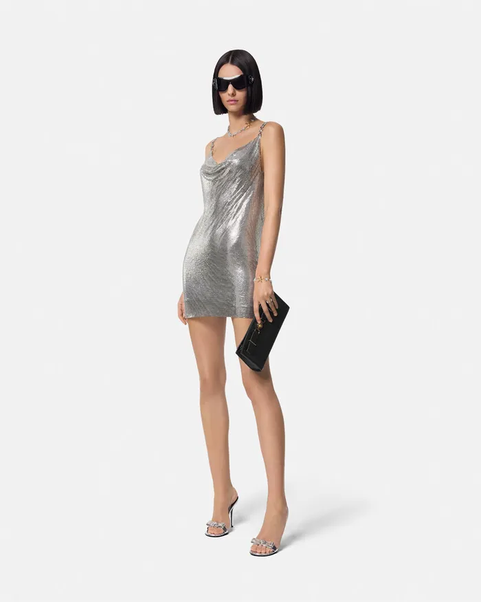 Versace Dresses Women Metal Mesh Slip Mini Dress Silver