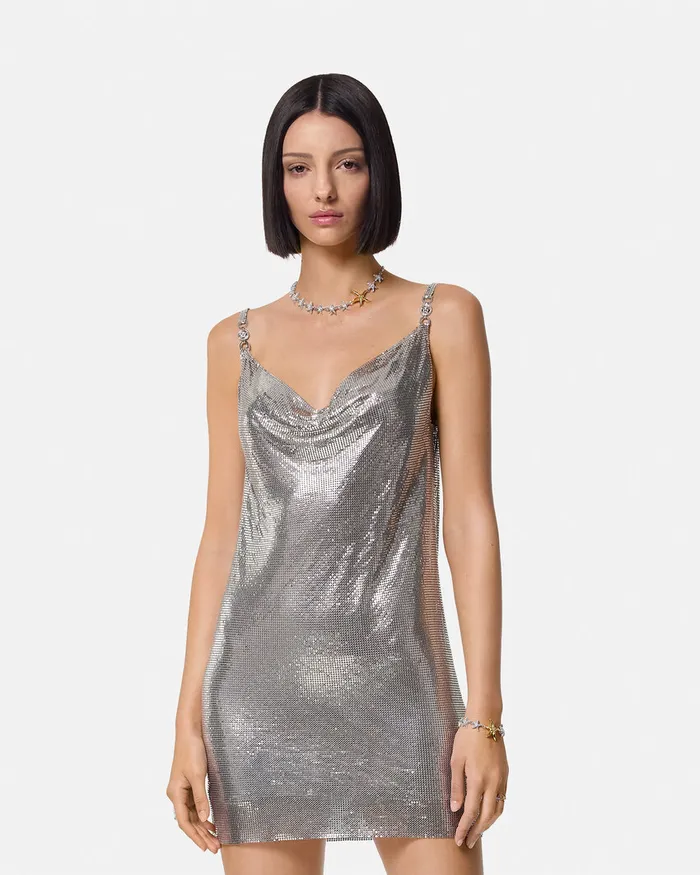 Versace Dresses Women Metal Mesh Slip Mini Dress Silver