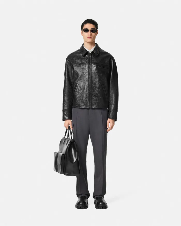 Versace Jackets and Coats Men ElephantEffect Leather Blouson Jacket Black