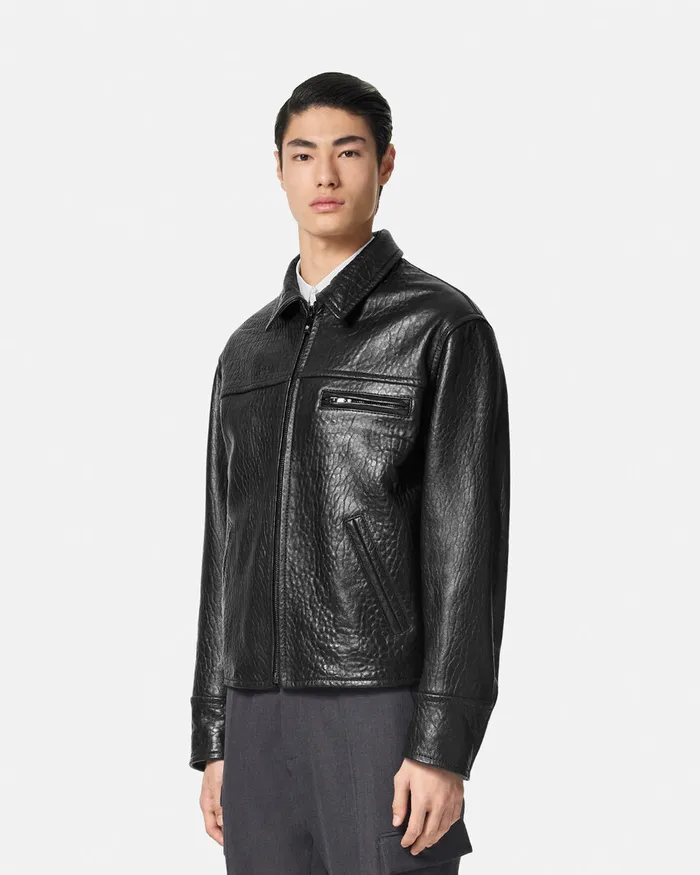 Versace Jackets and Coats Men ElephantEffect Leather Blouson Jacket Black