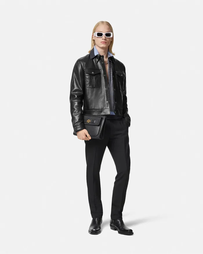 Versace Jackets and Coats Men Leather Blouson Jacket Black