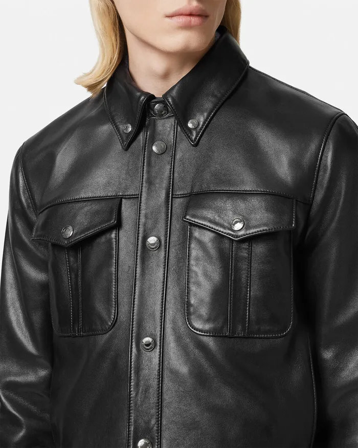 Versace Jackets and Coats Men Leather Blouson Jacket Black