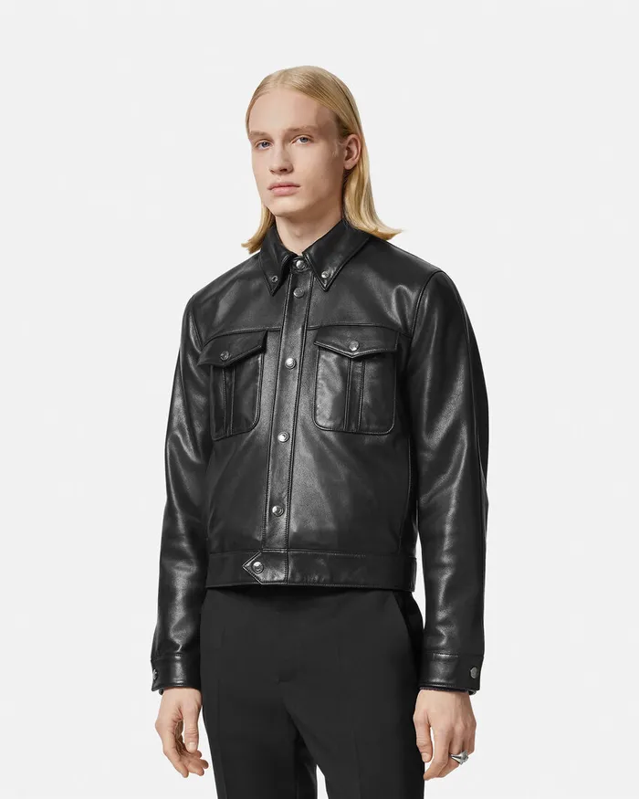 Versace Jackets and Coats Men Leather Blouson Jacket Black