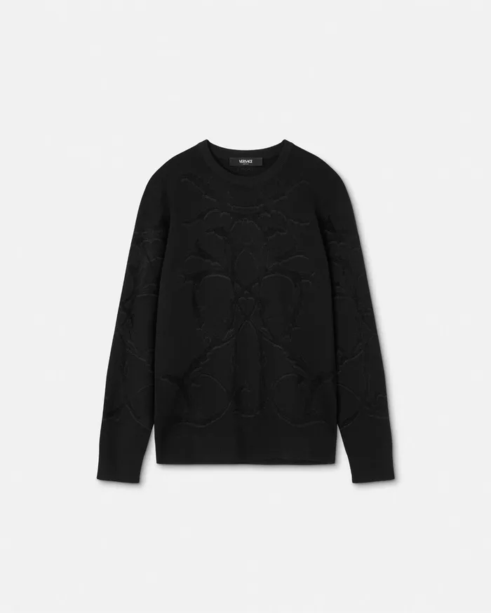 Versace Knitwear Men Acanthus Leaves Merino WoolBlend Knit Sweater Black