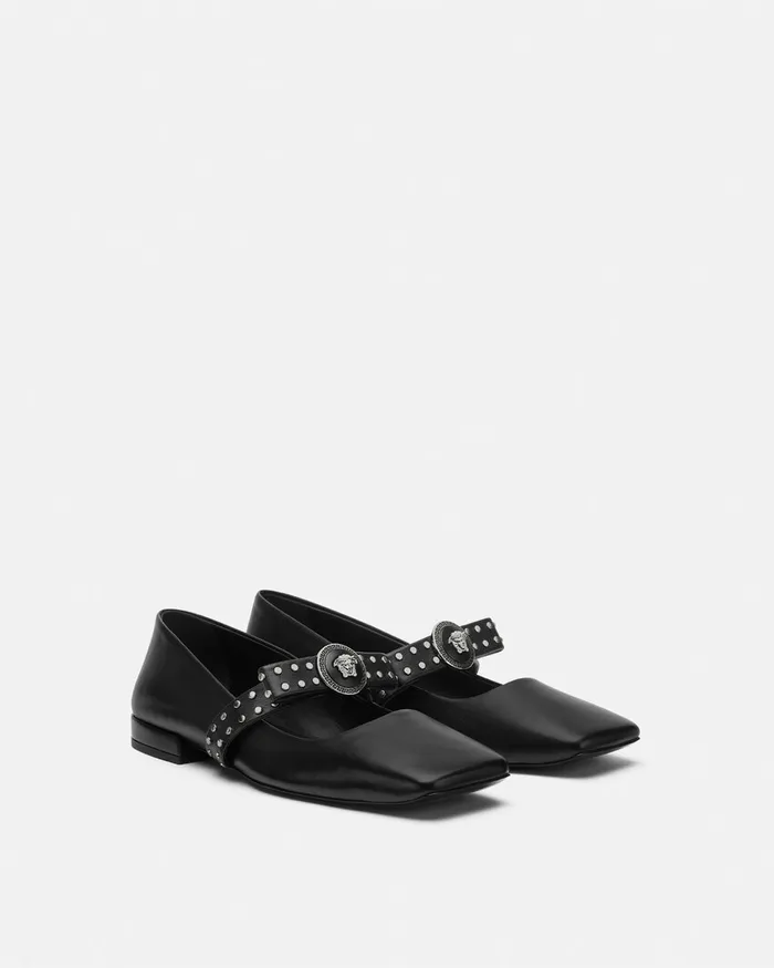 Versace Loafers and Flats Women Gianni Ribbon Studded Ballerinas Blacksilver