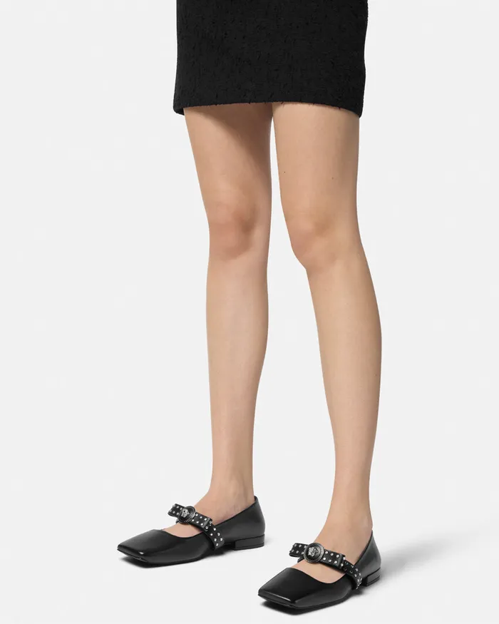 Versace Loafers and Flats Women Gianni Ribbon Studded Ballerinas Blacksilver