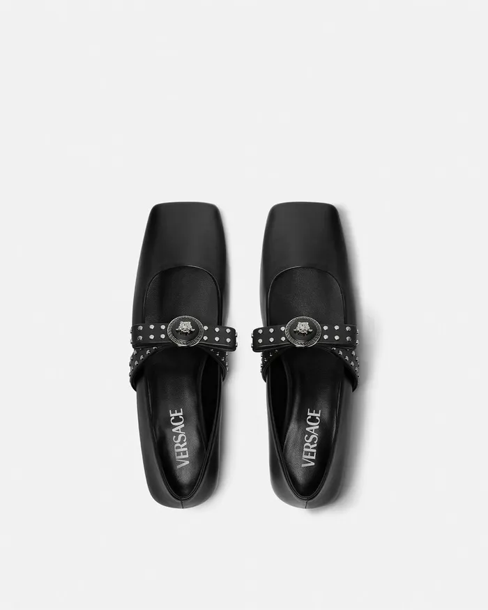Versace Loafers and Flats Women Gianni Ribbon Studded Ballerinas Blacksilver