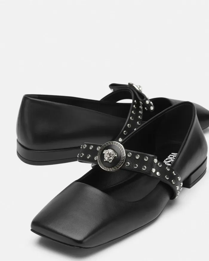Versace Loafers and Flats Women Gianni Ribbon Studded Ballerinas Blacksilver