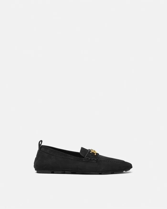 Versace Loafers and Slippers Men Villa Suede Driver Shoes Blackgold