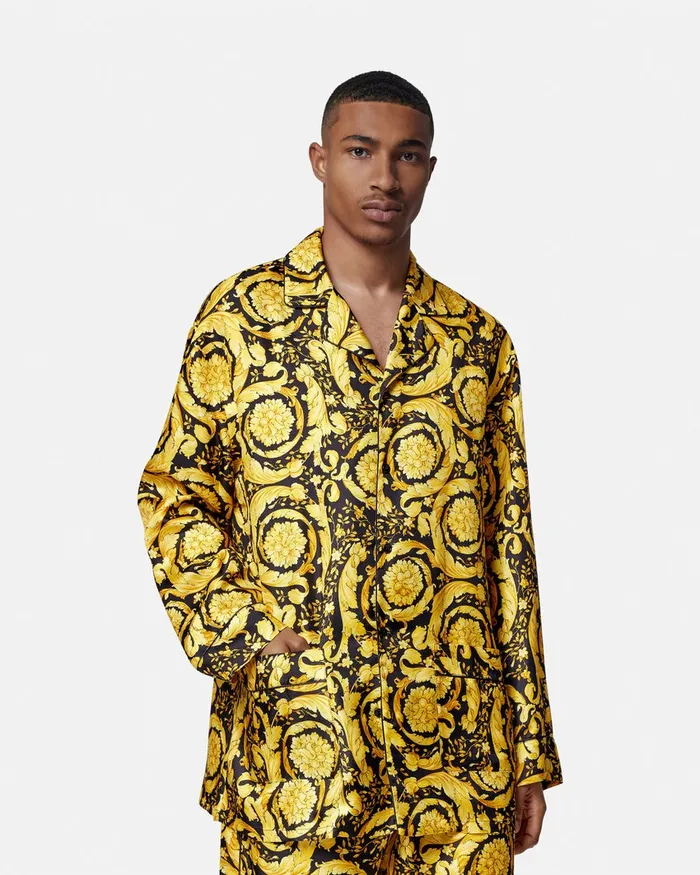 Versace Loungewear and Pajamas Men Barocco Silk Pajama Top Blackprint