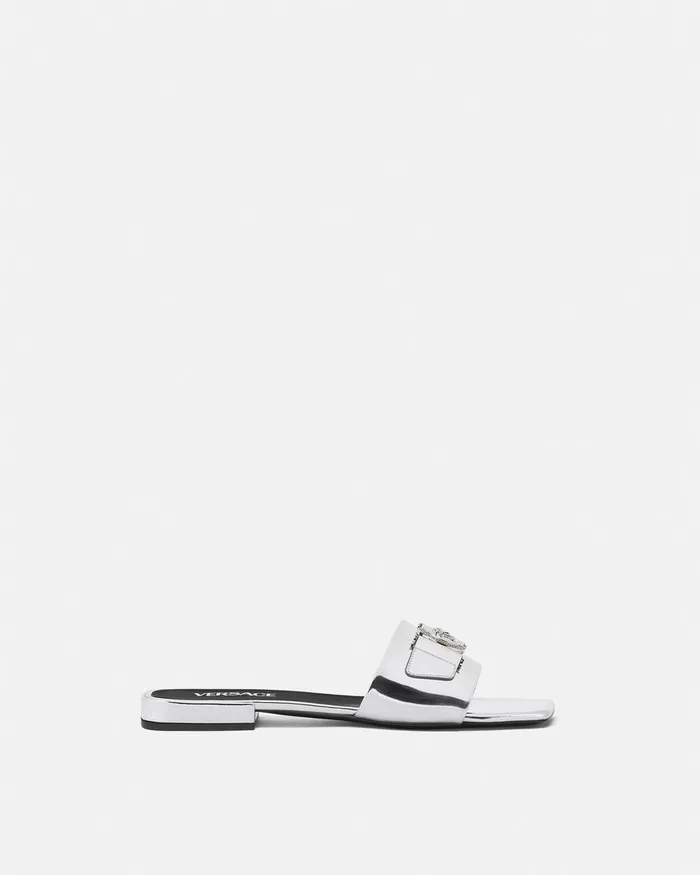 Versace Sandals Women Medusa Buckle Metallic Flat Sandals Silver