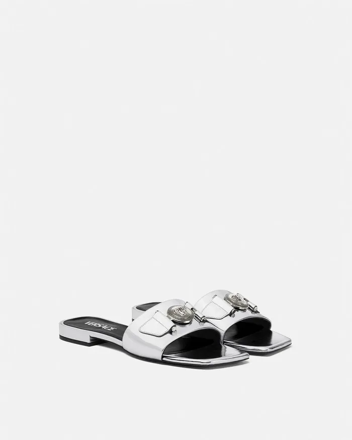 Versace Sandals Women Medusa Buckle Metallic Flat Sandals Silver