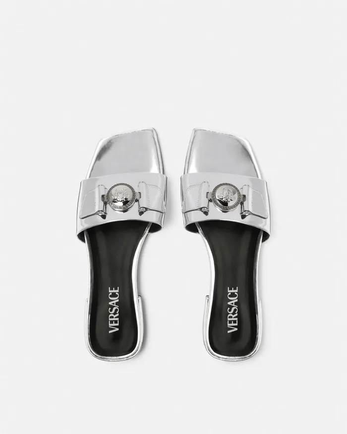 Versace Sandals Women Medusa Buckle Metallic Flat Sandals Silver