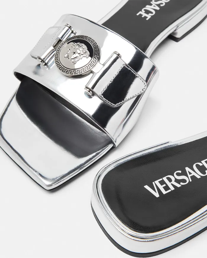 Versace Sandals Women Medusa Buckle Metallic Flat Sandals Silver