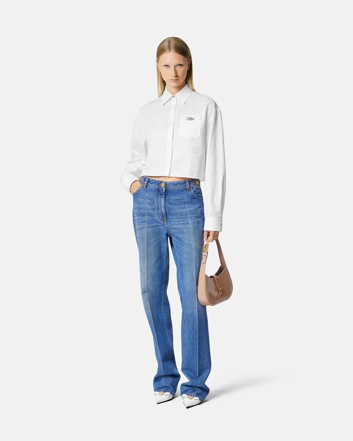 Versace Shirts and Tops Women Barocco Jacquard Crop Shirt White