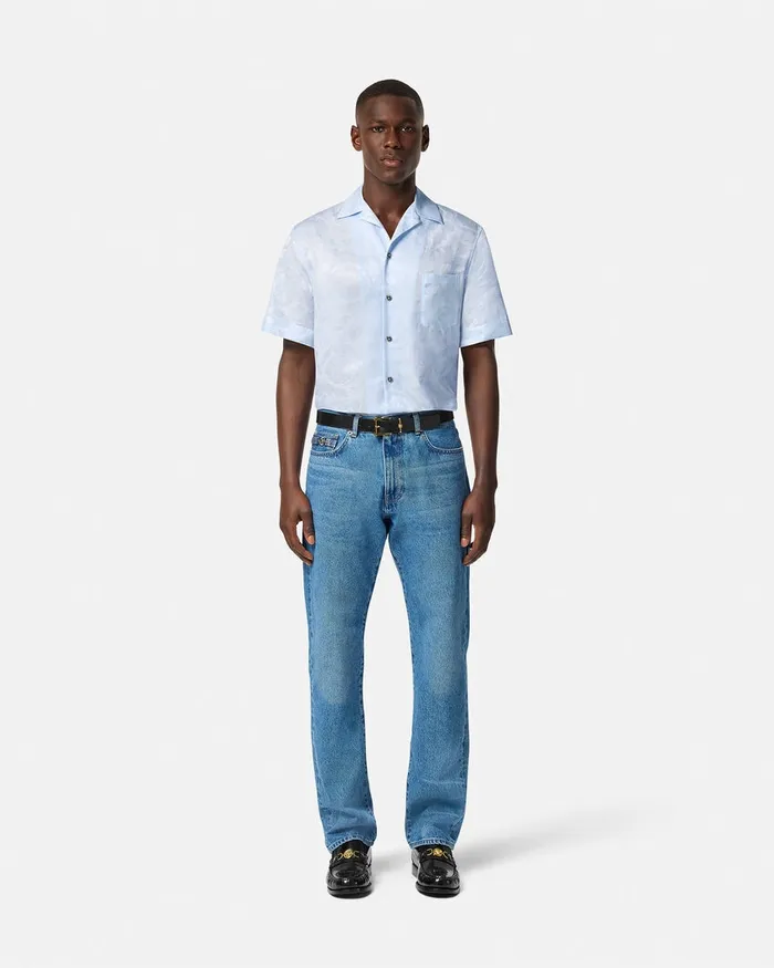 Versace Shirts Men Barocco Jacquard SilkBlend Shirt Light Blue