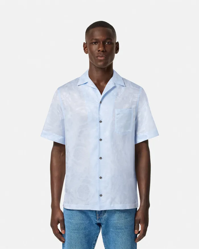 Versace Shirts Men Barocco Jacquard SilkBlend Shirt Light Blue