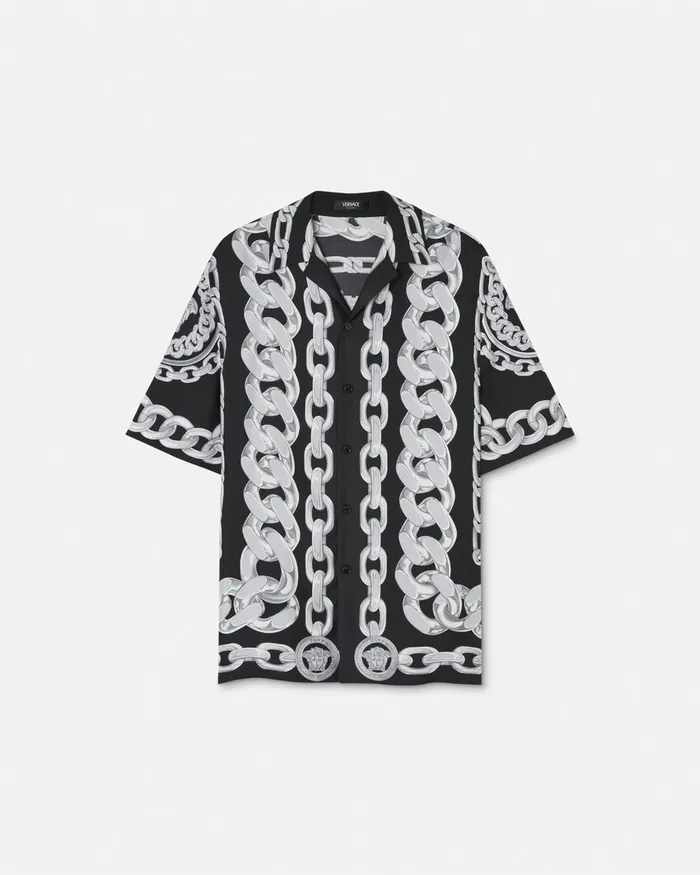 Versace Shirts Men Medusa Chains Silk Shirt Print