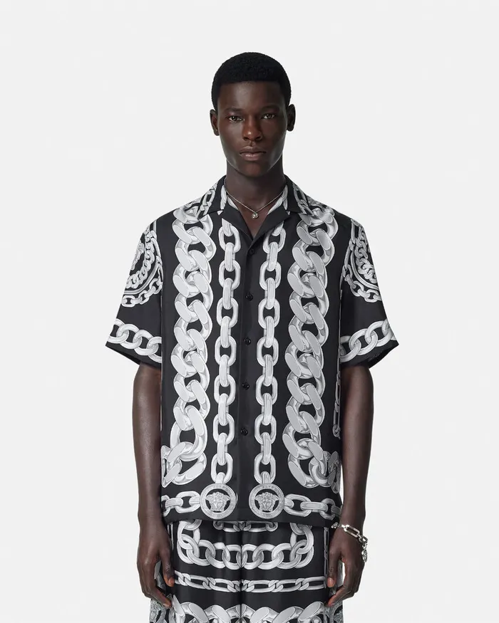 Versace Shirts Men Medusa Chains Silk Shirt Print