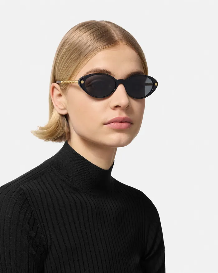 Versace Sunglasses Women Tubular Greca Oval Sunglasses Blackgold