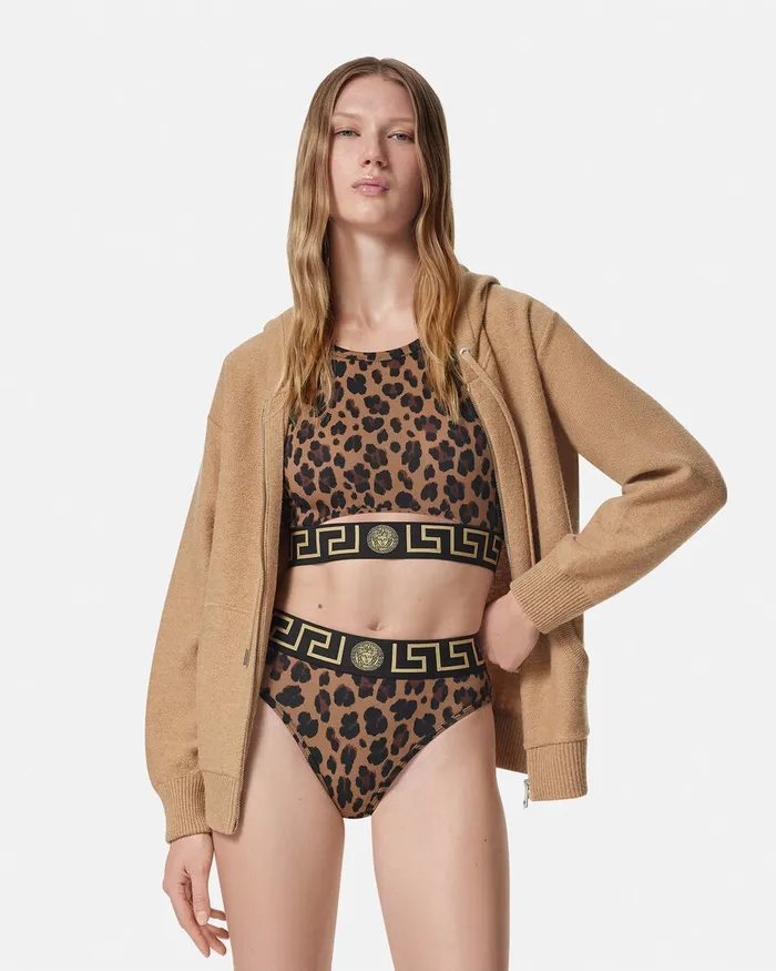Versace Swimwear Women Leopard Greca Border Bikini Top Animalier