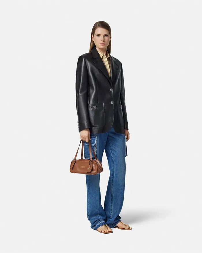 Versace Top Handle WomenMen Tag Bowling Shoulder Bag Brown