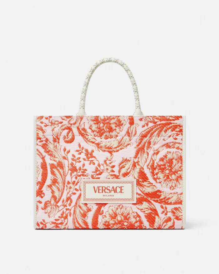 Versace Totes WomenMen Barocco Athena Raffia Medium Tote Bag Coral