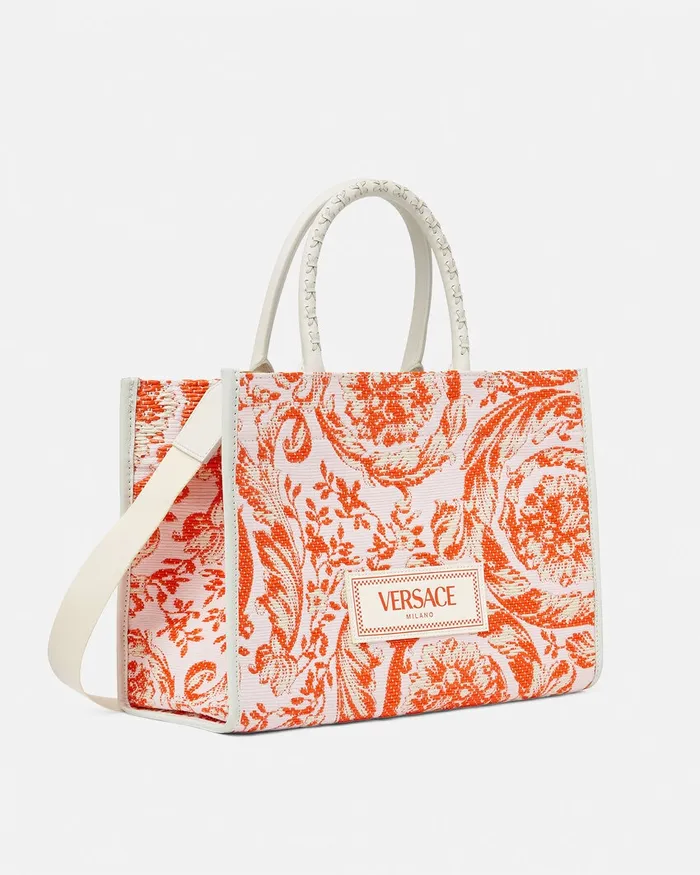 Versace Totes WomenMen Barocco Athena Raffia Medium Tote Bag Coral