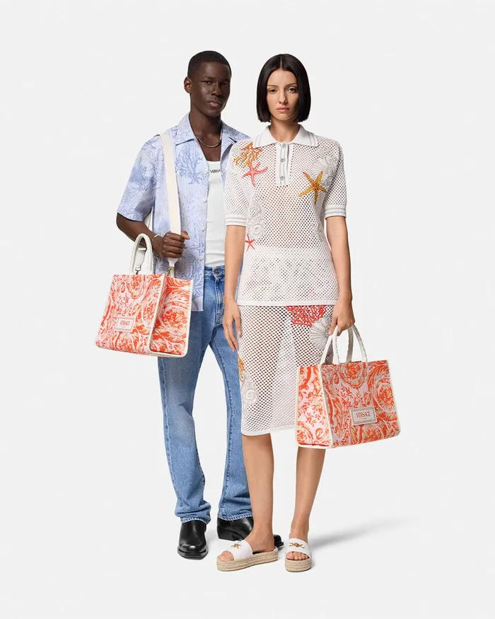 Versace Totes WomenMen Barocco Athena Raffia Medium Tote Bag Coral