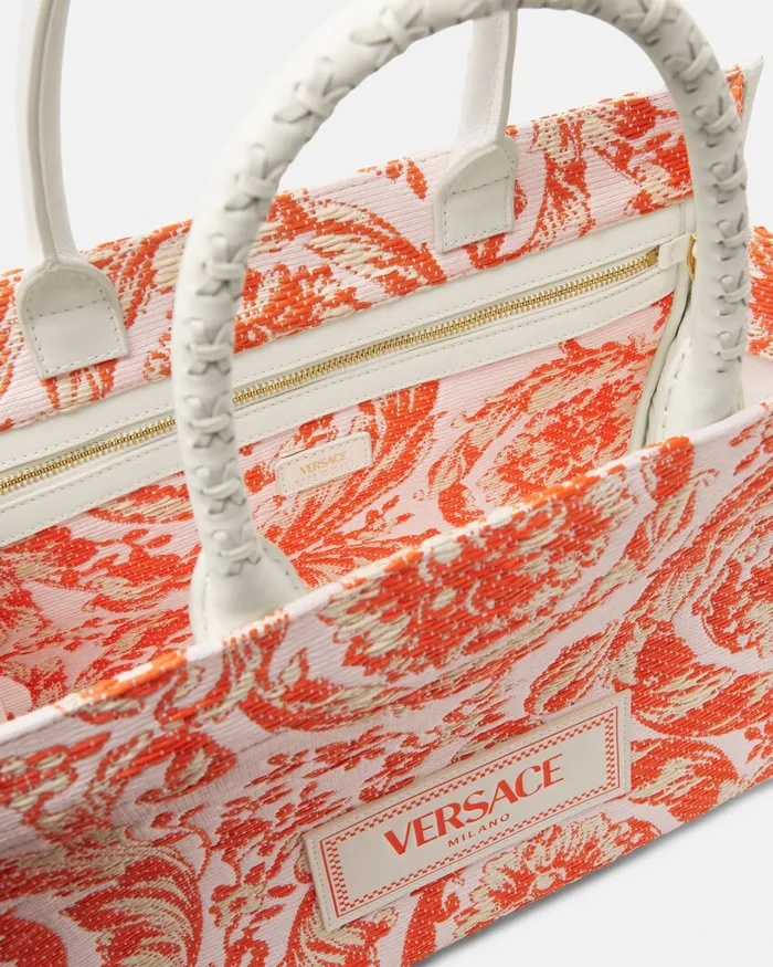 Versace Totes WomenMen Barocco Athena Raffia Medium Tote Bag Coral