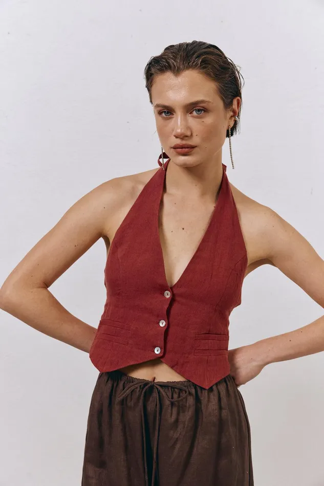 VRG GRL Los Cabos Linen Vest Wine Women Vests