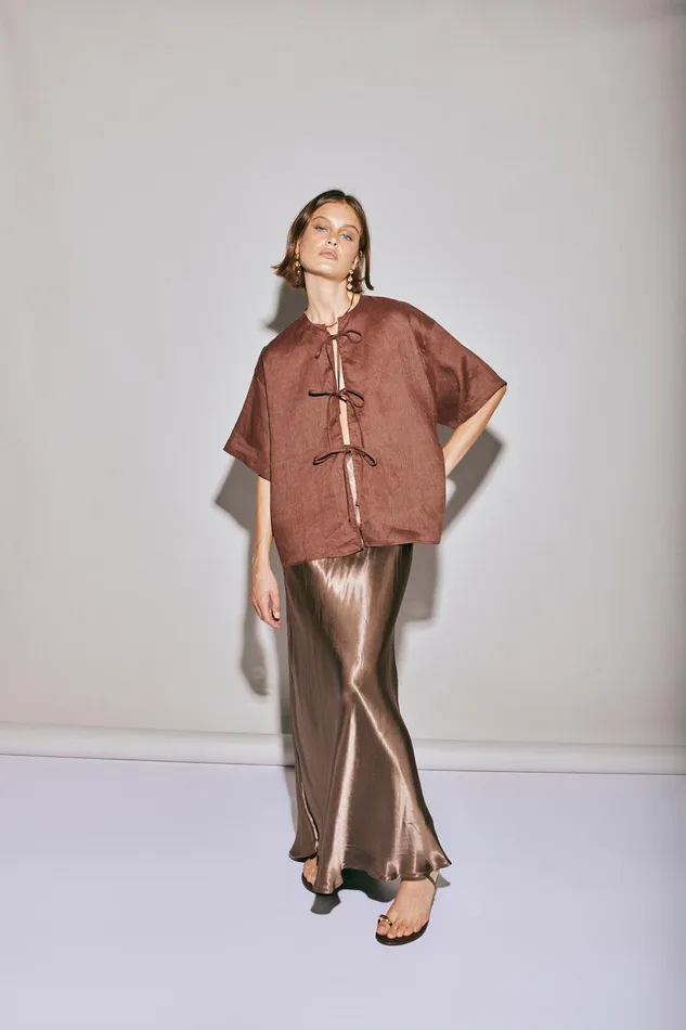 VRG GRL Naomi Linen Smock Top Umber Women Short Sleeve