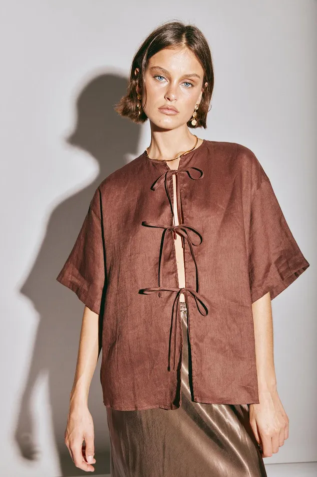 VRG GRL Naomi Linen Smock Top Umber Women Short Sleeve