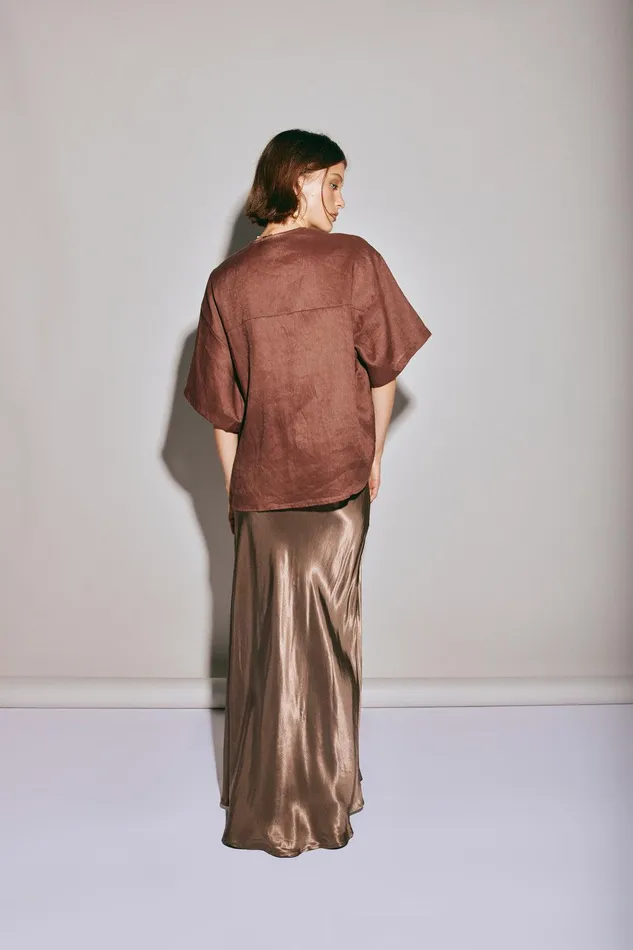 VRG GRL Naomi Linen Smock Top Umber Women Short Sleeve