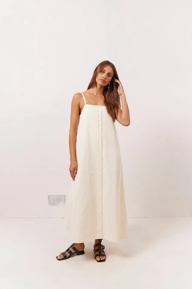 VRG GRL Ruth Denim Midi Dress Cream Women MidiMaxi Dresses