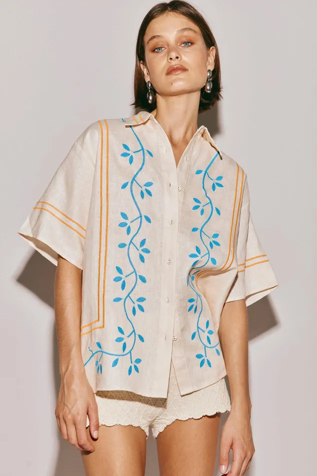VRG GRL Sunsets In Capri Linen Shirt Natural Women Shirts