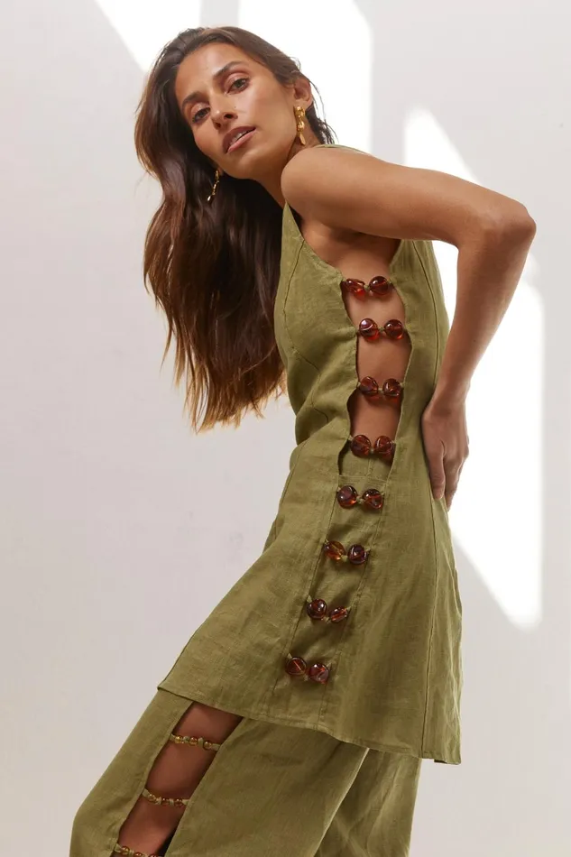 VRG GRL Tia Linen Mini Dress Olive Women Mini Dresses