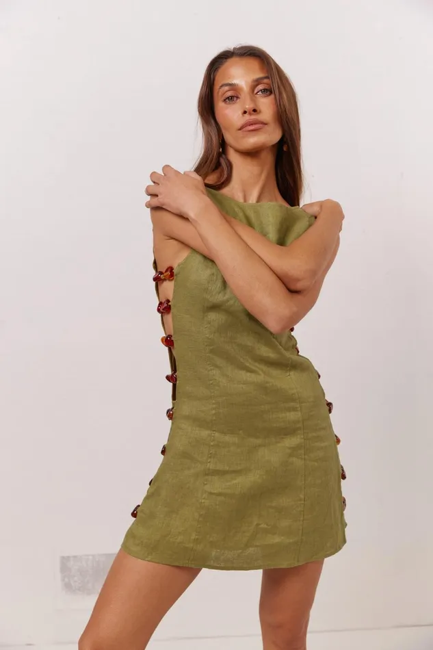 VRG GRL Tia Linen Mini Dress Olive Women Mini Dresses VRG GRL Tia Linen Mini Dress Olive Women Mini Dresses