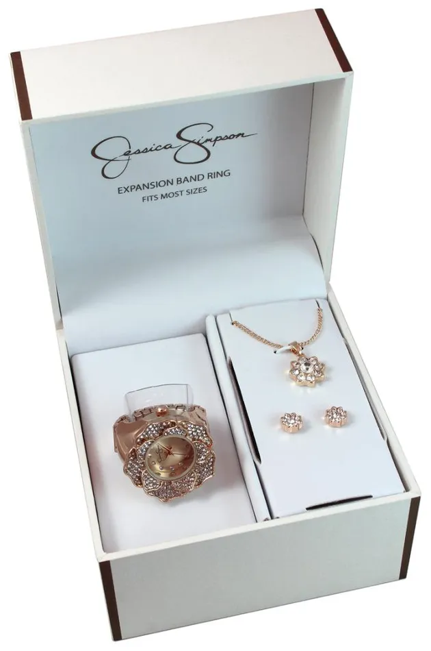 Watches Accessories Jessica Simpson Crystal Flower Ring Watch Pendant and Earring Set In Rose Gold Tone